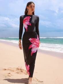 Swim Shayni Women's Middle Eastern Style Floral Print 3 Pieces Modest Swimsuit Set: One Piece Swimsuit + Pants + Mesh Maxi Skirt, Beach Cover Up, Summer - Black - View 1