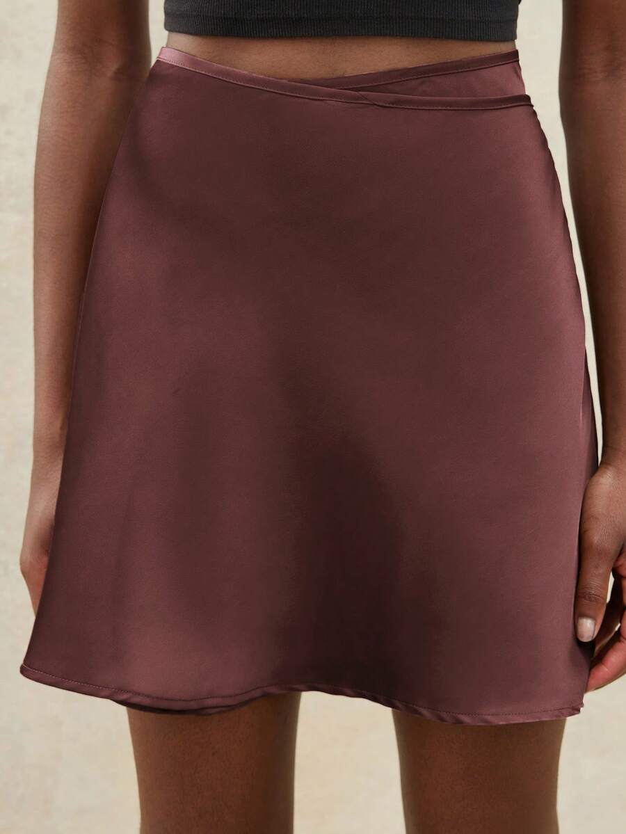 Aveloria Modichic 新款经典法式优雅简约缎面纯色系带高腰休闲半身裙（女款） - 藕粉色 - 查看 1