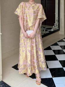 DAZY 女士优雅箔印不对称下摆上衣和半裙两件套，夏季 - 金色 - 查看 9