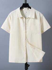 SHEIN Teen Boy Striped Print Front Button Pocket Short Sleeve Shirt - Apricot - View 3