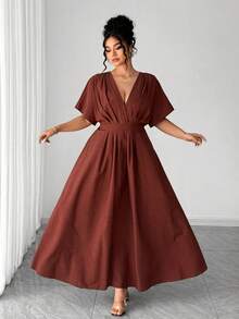 Elenzga Đầm chữ A xếp ly cổ chữ V thanh lịch dành cho nữ cỡ lớn, chất vải màu nâu có họa tiết, thiết kế ôm eo, giúp thon gọn vóc dáng, phù hợp cho các dịp như đi học, tốt nghiệp, Lễ Tình nhân, lễ hội âm nhạc, Ngày của Mẹ, Halloween, Lễ Tạ ơn, Lễ Phục sinh, Ngày Quốc khánh, dạ hội, hẹn hò, tiệc tùng, đám cưới, hoạt động ngoài trời. - màu nâu - Xem 8
