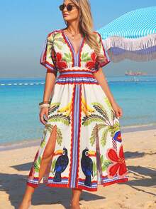 Swim Vcay 女士V领热带植物印花开衩休闲沙滩罩衫连衣裙 - 紅色 - 查看 6