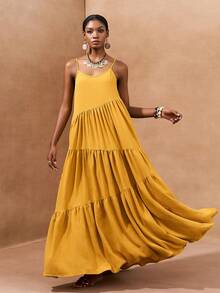 Zivah 2026春夏新款音乐节、复活节、圣帕特里克节、情人节、约会、西部风、游牧风、生日派对、毕业典礼、大学、学生、日常休闲、百搭、休闲、度假、邮轮、海滩、日光浴、爆款、街头风、婚礼宾客、波西米亚风、通勤、早午餐、机场、派对、假日郊游、办公室着装 黄色宽松开衩A字亚麻长裙 - 黃色 - 查看 4