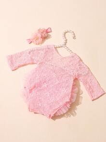 Newborn Girl Photography Outfits 1 Month 100 Days Baby Girl Pink Lace Romper With Flower Headband Infant Photo Props - Pink - View 3