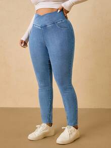 SHEIN Tall CURVE 大码女式休闲日常通勤百搭重叠腰部紧身牛仔裤 - 淺色水洗藍 - 查看 5