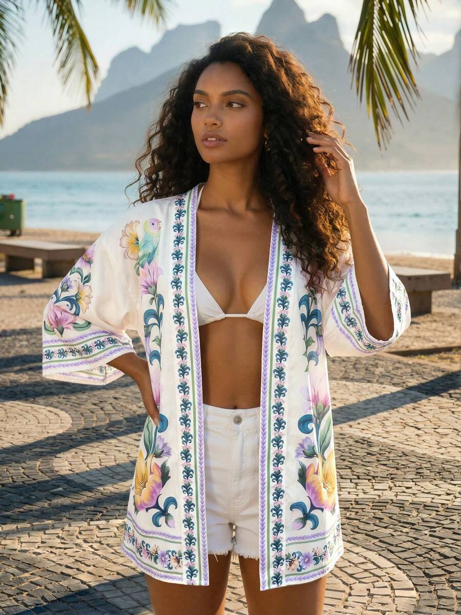 CAJUNI Women's Floral Print Casual Versatile Vacation Kimono With Open Front, Mid-Sleeve - Mauve Purple - View 1