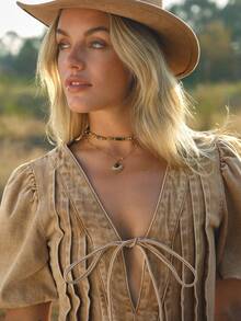 WESTFADE Deep V Neck Tie Front Puff Sleeve Pleated Relaxed Denim Romper - Brown - View 5