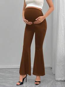 Momance Quần ống loe màu trơn có thể điều chỉnh eo dành cho bà bầu - màu nâu - Xem 4