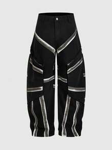 ROMWE MEN Grunge Punk 男士拼接水洗做旧阔腿休闲牛仔裤 - 黑色 - 查看 8