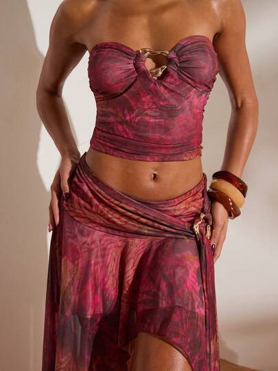 Opulessa 2pcs/Set Women's Knit Mesh Printed Crop Top & Low Waist Slit Skirt, Vacation Outfit, Spring/Summer Party, Club Outfits, Date, Night Out,Vacation ,Beach Outfits,Garden Wedding Guest Dress, Elegant Dress For Women,Sexy Elegant Party,Graduation,Prom, National Day,Going Out Outfit, Carnival