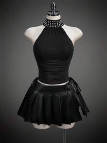 SHEIN ICON Summer Women's Hippie Black Goth Going Out Coachella Concert Club Rivet Design Side Drawstring Fitted Halter Neck Tank Top - Black - View 1