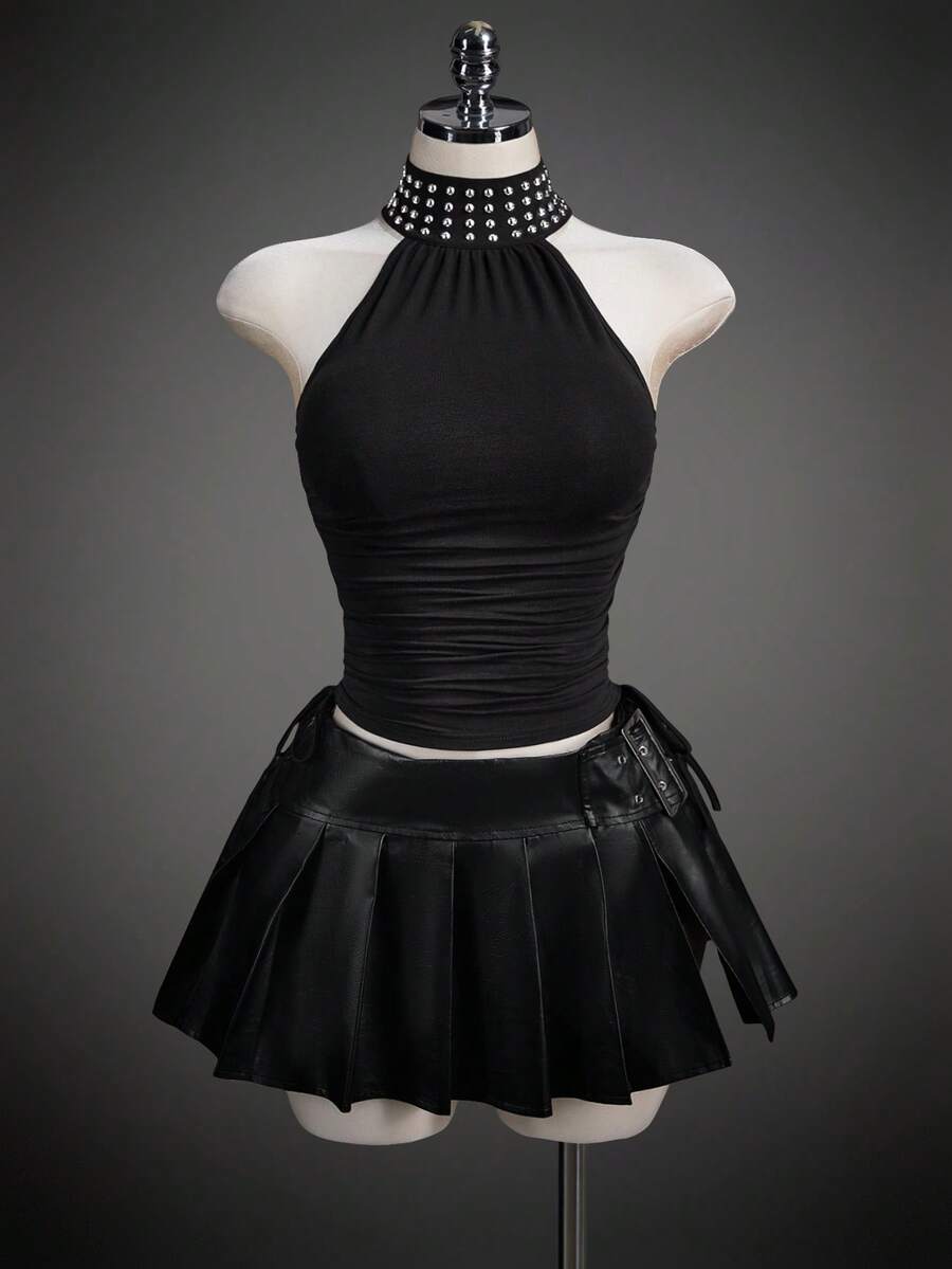 SHEIN ICON Summer Women's Hippie Black Goth Going Out Coachella Concert Club Rivet Design Side Drawstring Fitted Halter Neck Tank Top - Black - View 1