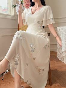 DAZY 女士优雅亮片花卉V领荷叶袖连衣裙，春夏婚礼宾客礼服/吊带裙 - 杏色 - 查看 7