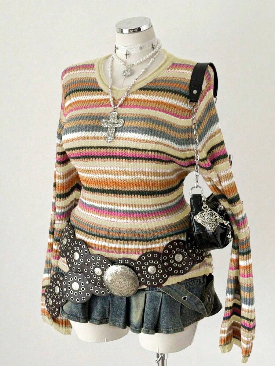 Sunspun Plus Size Colorful Knitted Pullover Sweater, Autumn/Winter - Apricot - View 1