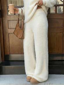 SHEIN EZwear Quần nỉ nữ màu trơn, cạp chun, thích hợp cho mùa thu/đông. - Màu be - Xem 4