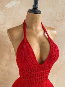 Soleia Romper Wanita Merah Chic untuk Liburan Musim Panas, Rajutan Gradien, Leher V Dalam, Tanpa Punggung, Pakaian Terusan Rajutan Pas Badan yang Modis untuk Pesta & Pantai - Burgundy - View 5