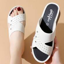 Sandalias de tacón bajo y suela gruesa para mujer, ideales para el verano; chanclas de tacón bajo y suela blanda para mujer; zapatillas de casa de moda con suela gruesa - Blanco - Ver 2