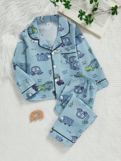 2pcs Young BoyCute Abstract Dinosaur Car Print Long Sleeve Collared Cardigan And Pants Set, Casual Loose Comfortable Loungewear