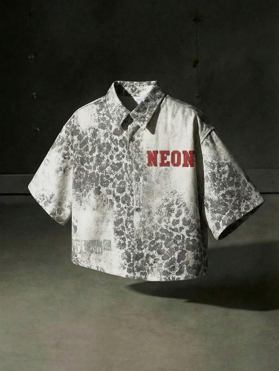 NEON BLANC Men's Fashionable Vintage Washed Gray Leopard Print Denim Jacket Street Wear Shirt Leopard Shirt Japanese Shirt