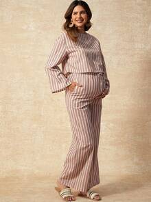 Boho Mama Maternity Two-Piece Cotton Set Colorful Striped Pullover Shirt With Slit Cuffs,Adjustable Elastic Waist Trousers,White,Autumn,Boho,Holiday Vacation - Multicolor - View 4