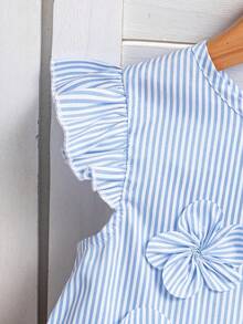 SHEIN Vestido casual de verano para niña con rayas, flores y volantes - Azul - Ver 7