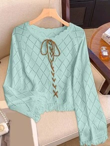 Franclia Suéter estilo blogger con bloqueo de color, cordones, calado y flecos florales, estilo europeo y americano - Azul menta - Ver 6