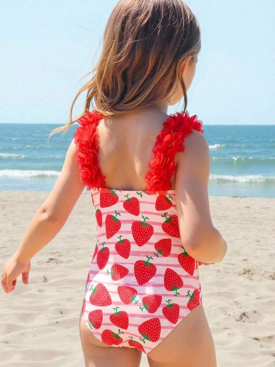Traje de baño de una pieza con estampado de fresa lindo para niñas, versátil para uso casual diario, salidas, fiestas, natación, playa, vacaciones