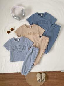 SHEIN 6pcs Baby Boy Casual Versatile Solid Color Simple Letter Embossed Short Sleeve T-Shirt & Elastic Waist Pants Set, All-Match Multi-Piece Outfit - Multicolor - View 1