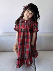 DAZY 女嬰韓式格紋長袖荷葉領舒適居家服幼兒 - 紅色 - 查看 3