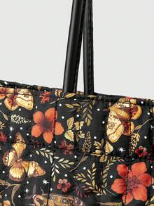 ROMWE Grunge Punk 女士手提包，蝴蝶图案，花卉图案，大容量，单肩背，便携，复古，时尚，百搭，旅行，购物，通勤 - 黑色 - 查看 3