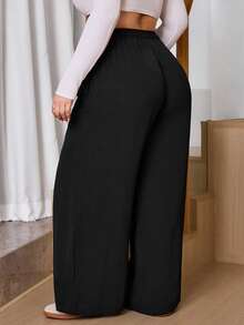 SHEIN Tall CURVE 大码女式纯色系带阔腿宽松休闲裤，弹力腰带抽绳阔腿裤，适合春季穿着，日常通勤、上学、教师、会议、外出、休闲等场合，宽松舒适。 - 黑色 - 查看 2