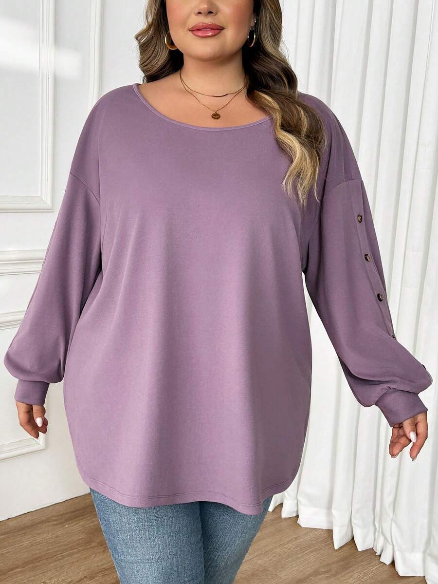 SHEIN CURVE+ قميص تي شيرت أسود بأكمام طويلة وتصميم أزرار مناسب للمقاسات الكبيرة