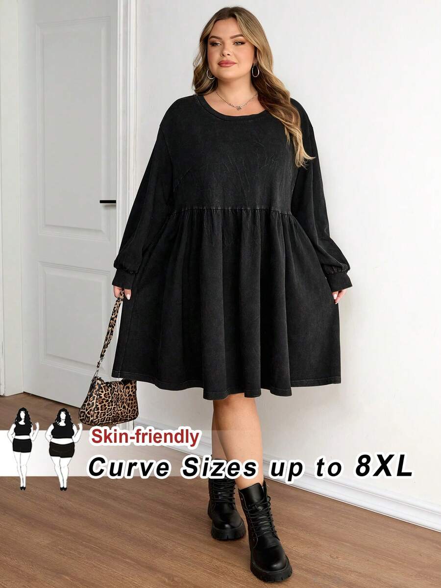 SHEIN CURVE+ Đầm dáng chữ A cổ tròn, chất liệu vải wash, cỡ lớn, kiểu dáng thường ngày, in họa tiết bông tuyết. - màu đen - Xem 1