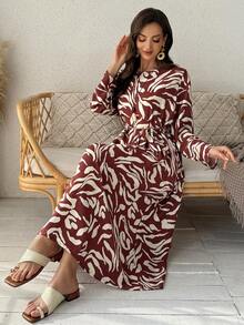 Vivie Lora Women's Round Neck Patterned Loose Mid-Length Dress - Brown - View 6