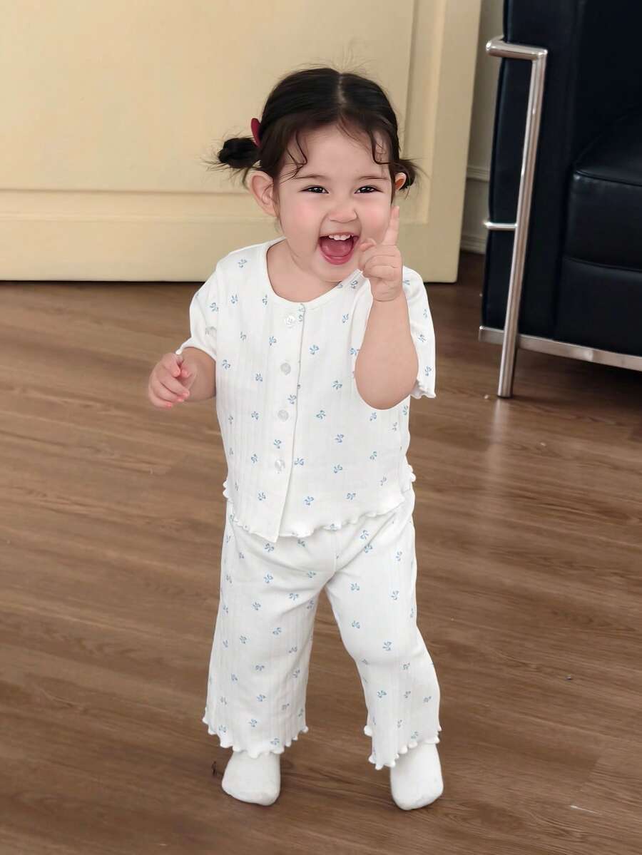 DAZY 2pcs Baby Girls Casual All-Over Print Long Sleeve Top And Pants Homewear Set - White - View 1