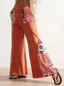 Bohemela Women's Casual Knit Patchwork Flare Washed Pants - Orange - View 6