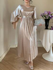 DAZY Women's Elegant Solid Color V-Neck Ruffle Sleeve Belted Long Dress, Spring/Summer Wedding Guest Dress Maxi Dress Sundress - Apricot - View 9