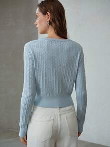 MOTF WOMEN'S EMBROIDERED LETTER PATTERN CABLE KNIT CARDIGAN - Blue - View 3