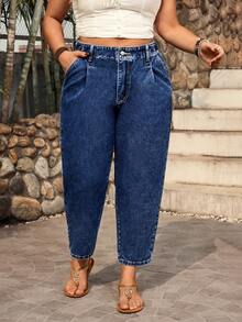 SHEIN CURVE+ Quần jean denim không co giãn, kiểu dáng thường ngày, dành cho nữ cỡ lớn. - Rửa tối - Xem 3