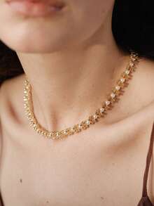 Opalesca Collar de perlas y diamantes, accesorios de boda/novia, estilo fairycore/hadas, perlas, flores, otoño/invierno, para mamá/mujer/niña/madre, elegante, premium, Día de San Valentín, regalo - Dorado - Ver 1