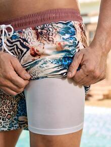 Manfinity VDAYZ 男士夏季动物纹抽绳腰带沙滩短裤 - 咖啡棕 - 查看 2