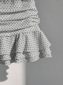 Elamini Chân váy ngắn xếp ly nhiều lớp thời trang mới, thiết kế ngọt ngào, chân váy chữ A chấm bi bồng bềnh kiểu dáng nghỉ mát sành điệu - Màu Xám nhạt - Xem 3