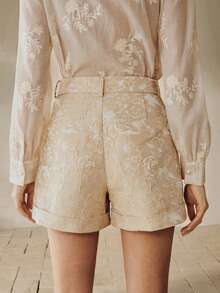 Anewsta Quần short nữ màu sâm panh thanh lịch, chất liệu jacquard, có thắt lưng. - Rượu sâm banh - Xem 2