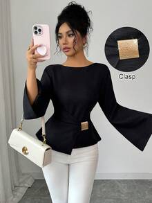 Elenzga Áo sơ mi nữ dáng suông, tay chuông, thắt eo trang trí khóa kim loại, cỡ tiêu chuẩn, thích hợp cho công sở. - màu đen - Xem 1