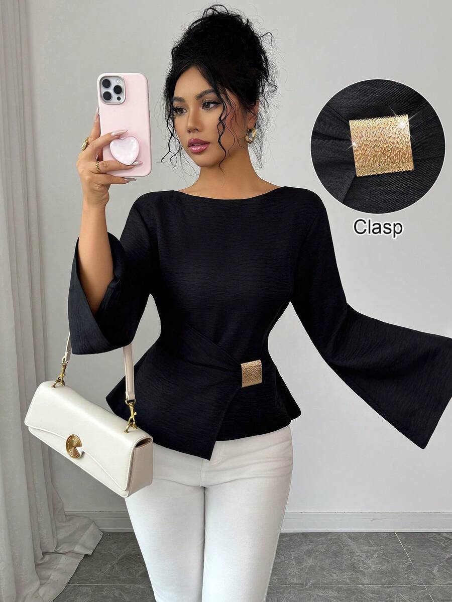 Elenzga Áo sơ mi nữ dáng suông, tay chuông, thắt eo trang trí khóa kim loại, cỡ tiêu chuẩn, thích hợp cho công sở. - màu đen - Xem 1