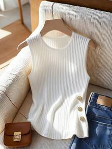 Franclia 女士休闲罗纹金属装饰圆领背心，夏季 - 米色 - 查看 4