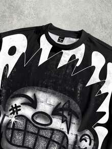 Manfinity Roghcode Camiseta suelta y corta con estampado de cara grande y dientes de diamante distorsionados y divertidos en todo el diseño (alta calidad) para hombres - Negro - Ver 2