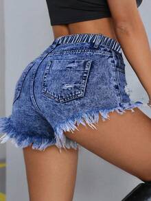 SHEIN ICON 大码女式时尚休闲做旧毛边水洗牛仔短裤，夏季 - 中等水洗藍 - 查看 2