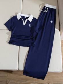 SHEIN Sparklyn 少女两件套学院风套装：藏蓝色撞色滚边 Polo 衫和阔腿裤，舒适休闲套装，适合日常上学和周末外出穿着。 - 藍白色 - 查看 9