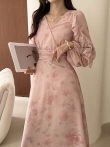 DAZY 春夏印花连衣裙，优雅修身中长连衣裙，适合情人节、婚礼、派对、正式场合、通勤等场合，深色花卉图案，长袖吊带裙 - 粉色 - 查看 4